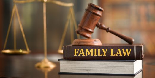 Family Law books on desk in law firm. Legal education about matrimonial law,law of domestic relations.